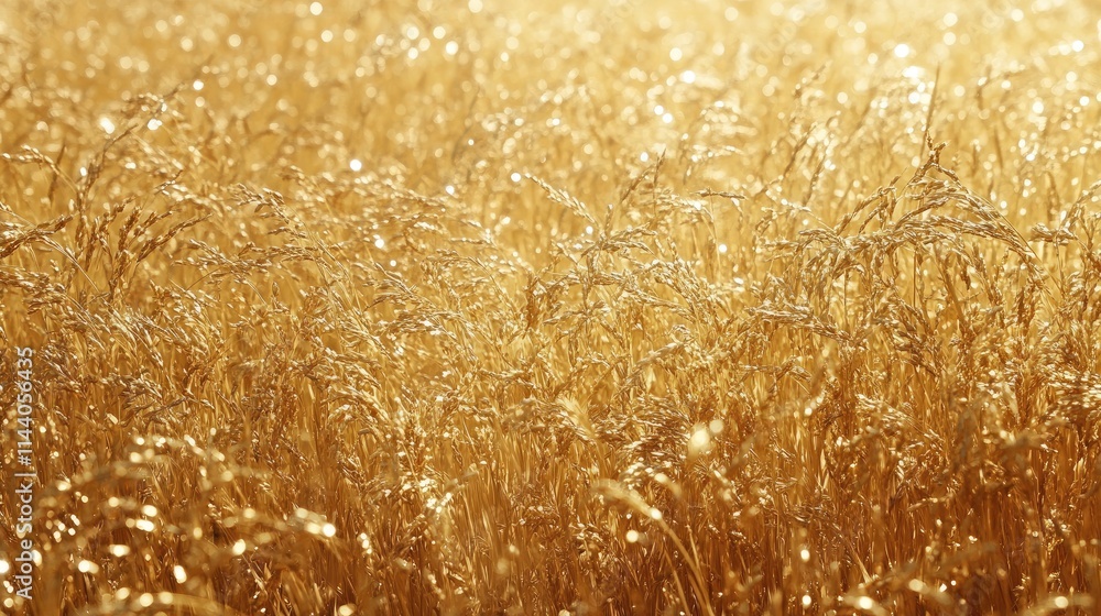 Poster golden rice field under sunlight creating a warm and inviting atmosphere with shimmering grains sway