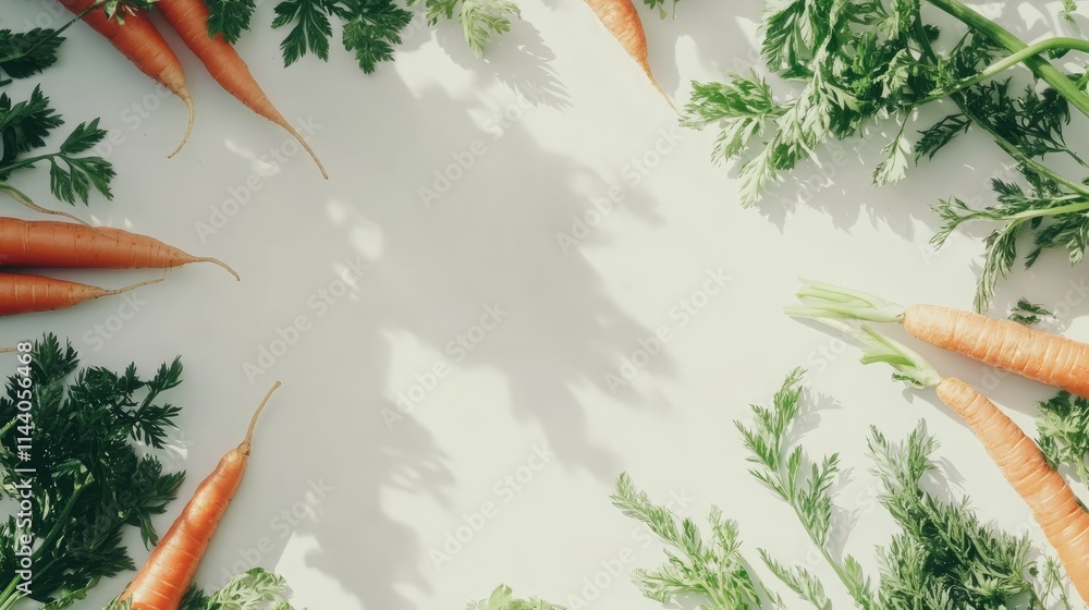 Poster carrots and green leaves arranged on a light background creating a fresh and natural composition for