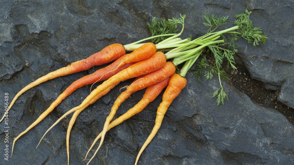 Poster freshly harvested carrots on a slate surface showcasing vibrant colors and natural textures ideal fo