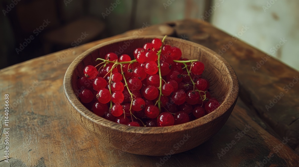 Aufkleber fresh red currants in a rustic wooden bowl on a textured table background showcasing natural food ae