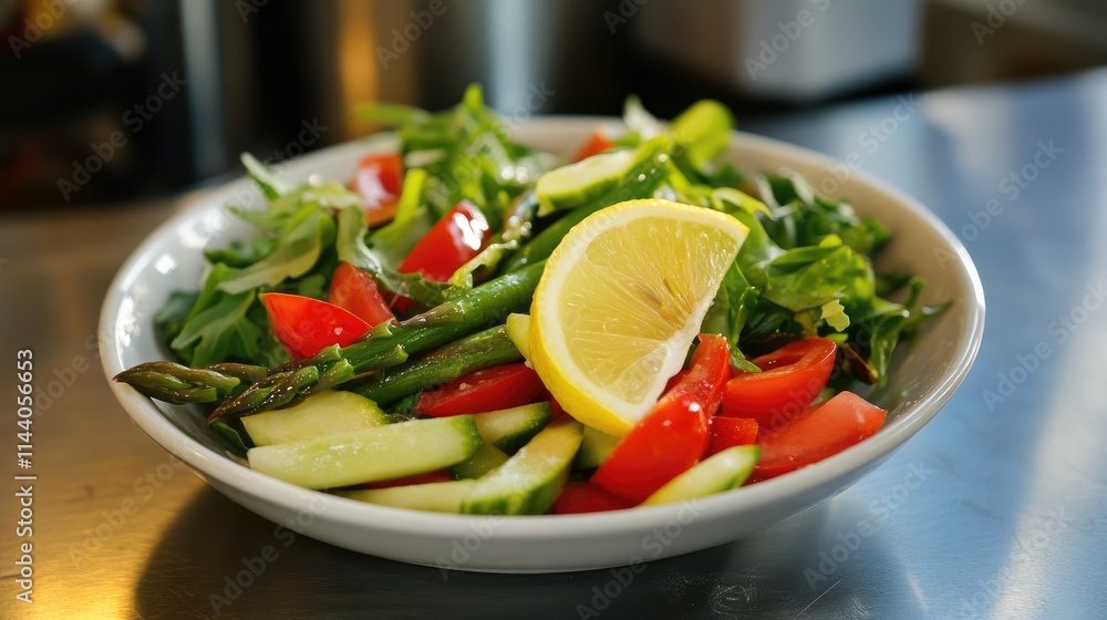 Aufkleber vibrant asparagus salad with fresh vegetables and a lemon wedge in a bowl on a rustic kitchen counte