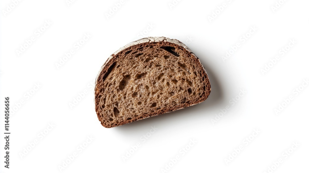 Poster freshly baked whole grain bread slice on bright white background showcasing texture and crust detail