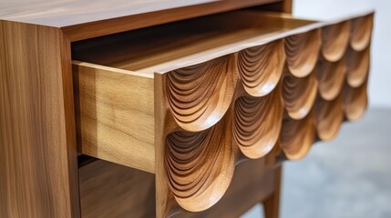Fototapeta premium Artisan wooden drawers with intricate wave design showcasing craftsmanship and elegant furniture details in a modern setting