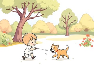 Naklejka premium Cartoon boy playing with a dog in a park. AI Generated