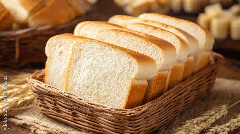 Poster artisan sliced bread arranged in a rustic basket with a warm ambiance showcasing freshness and quali