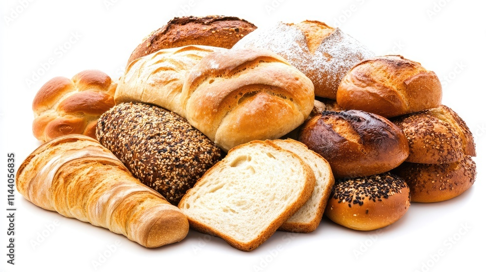 Poster Assorted fresh baked breads arranged on a white background showcasing various textures and shapes of loaves and rolls.