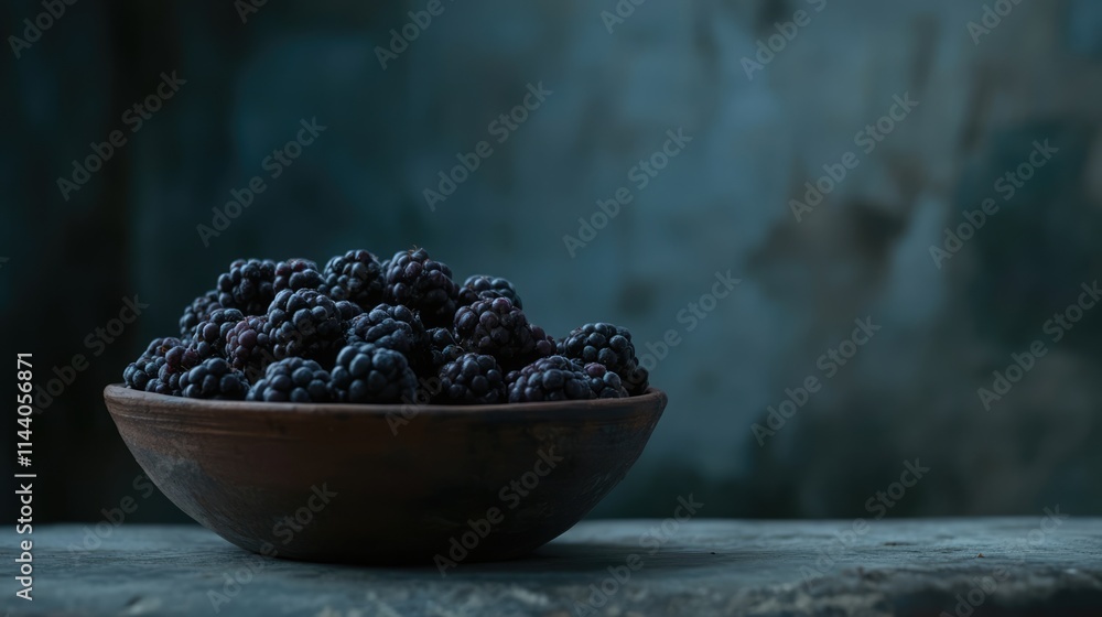 Aufkleber Dark and moody still life of fresh blackberries in a rustic clay bowl with textured background and ample negative space for design use