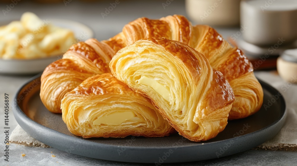 Aufkleber golden flaky croissants on a dark plate showcasing intricate layers and buttery filling with a rusti
