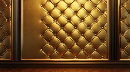 Luxurious gold textured wall with intricate tufting and elegant framing for high-end interior design backgrounds