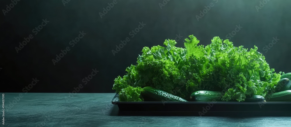 Poster freshly harvested green vegetables on a tray promoting healthy eating with space for text in a dark,