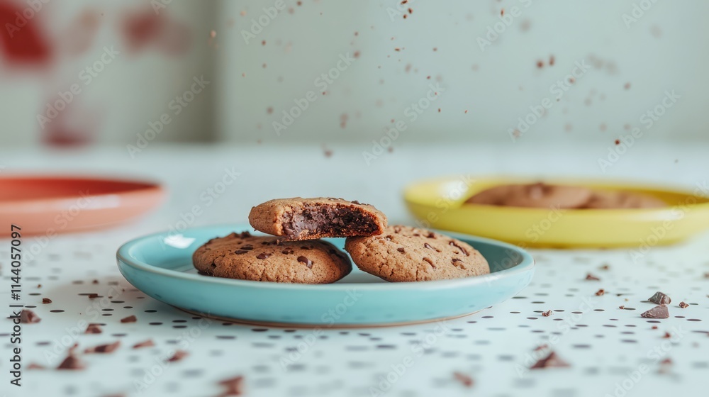Poster brown chocolate chip cookies on colorful ceramic plates with crumbs on a white dotted table against 