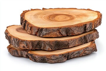 A photostock of rustic wooden log slices with visible natural rings and bark edges, isolated on a clean white background, earthy and textured, High Quality