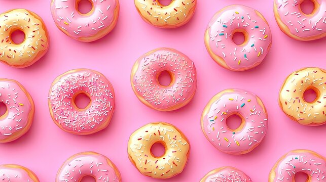 Flat lay donuts seamless pattern pink background showcasing fun sweet treat vibrant colors perfect food photography dessert designs playful content social media