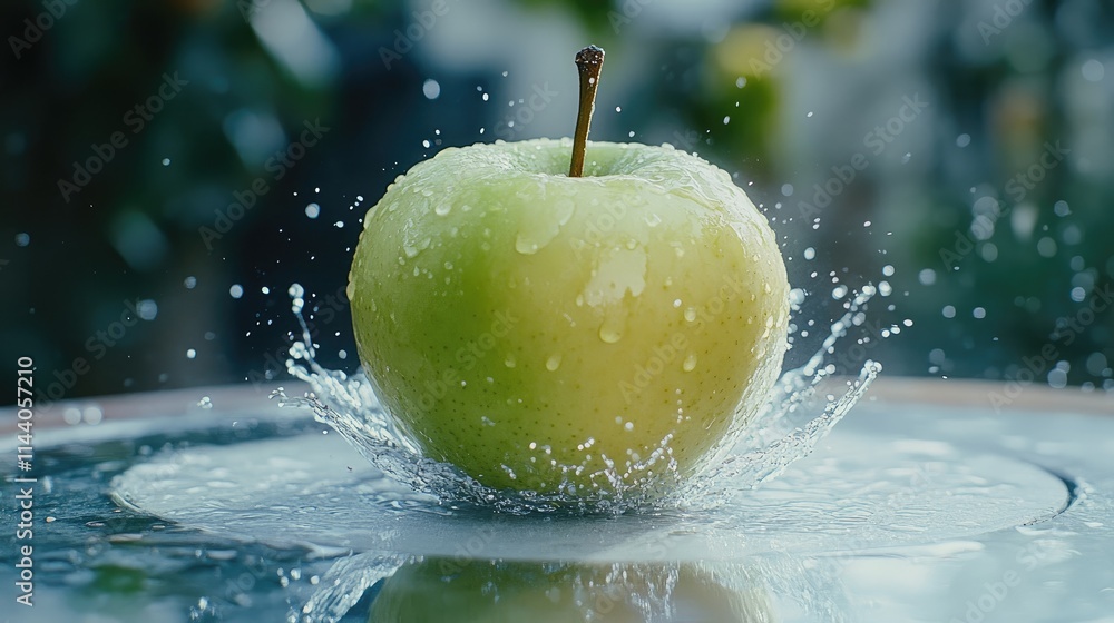 Poster green apple surrounded by water splashes on reflective surface showcasing freshness and vitality in 