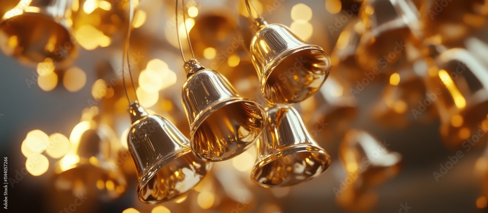 Aufkleber elegant golden bells hanging against a blurred warm background creating a festive and enchanting atm