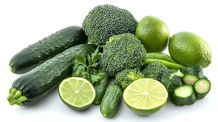Fresh green veggies and limes close-up photo on white. AI Generated