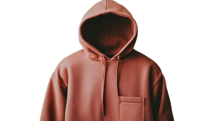 Casual hooded sweatshirt display with a minimalistic design and muted tones on a transparent background.