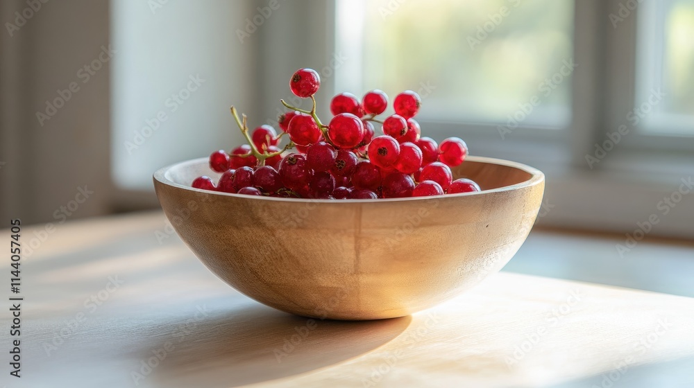 Poster red currants in a wooden bowl illuminated by natural light on a rustic table setting