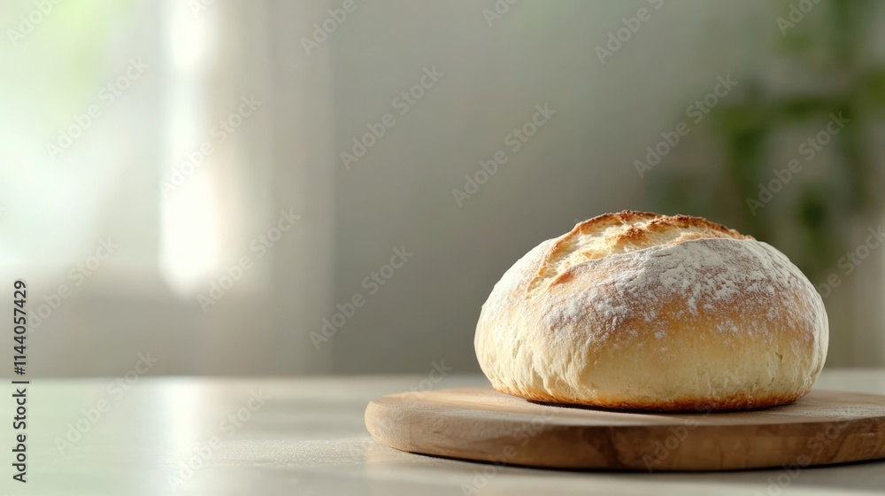 Poster artisan bread loaf on wooden serving board with soft natural light and minimalistic background for c