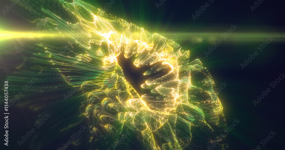 Poster bright green light vortex with intense illumination, creating a dynamic effect on a dark background
