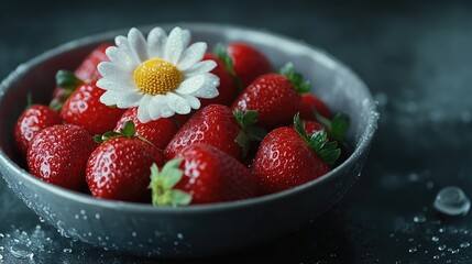 Ripe red strawberries garnished with a flower in a bowl enhancing freshness and natural beauty