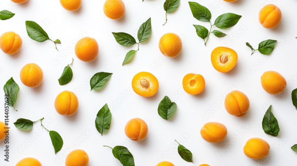 Poster vibrant fresh apricots and green leaves arranged artistically on a clean white background for a colo