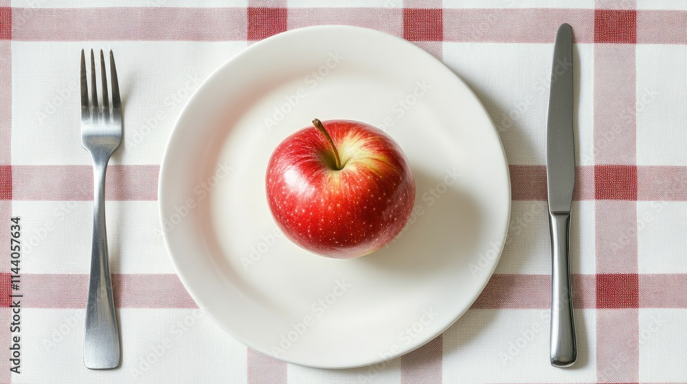 Poster red apple on a white plate surrounded by a fork and knife on a checkered tablecloth setting for heal