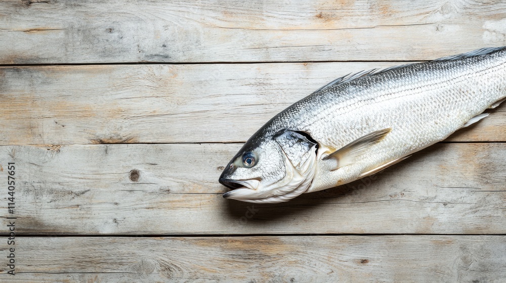 Poster sea bass fish displayed on a rustic wooden surface ready for culinary preparation in a bright and in