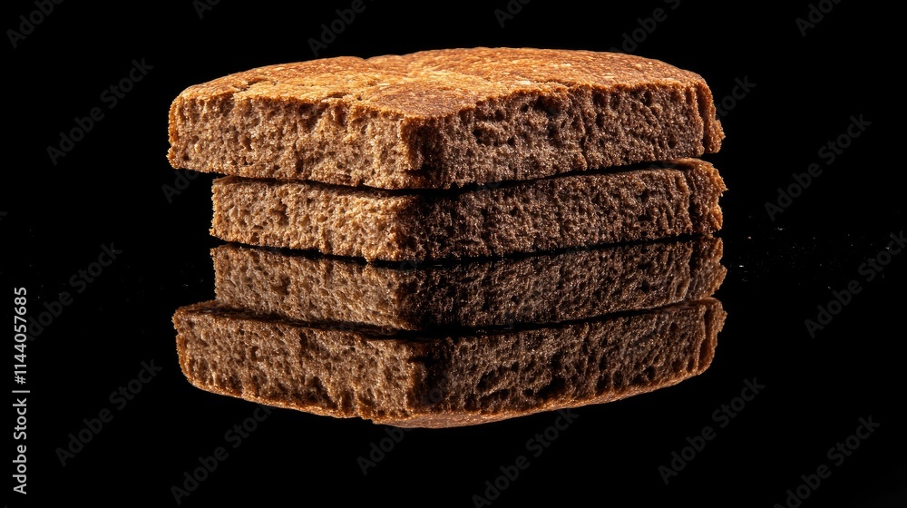 Poster Freshly baked rye bread slices with glossy reflection on a black background showcasing texture and color contrasts in food photography