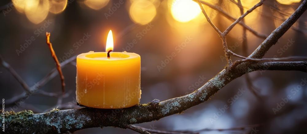 Poster golden candle glowing on a tree branch with a warm bokeh background capturing a serene and tranquil 