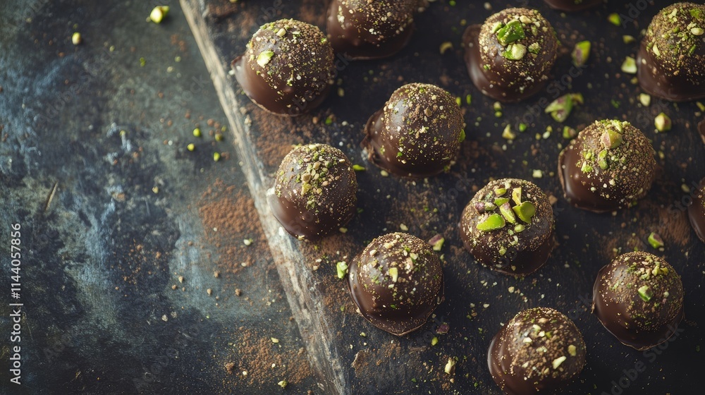 Aufkleber artisan chocolate truffles coated with cocoa and crushed pistachios on a rustic slate background