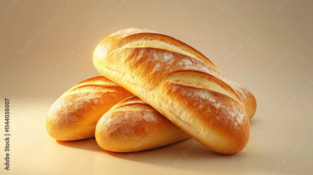 Poster artisan bread loaves stacked elegantly on a warm neutral background showcasing freshness and rustic 