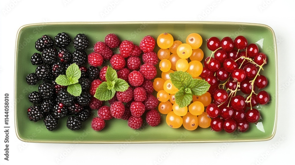 Poster assorted fresh summer berries and fruits in vibrant colors arranged on a green plate with mint leave