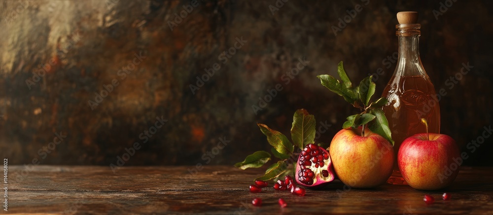 Poster fresh pomegranate and apples with honey arranged on dark wooden backdrop creating ideal space for te