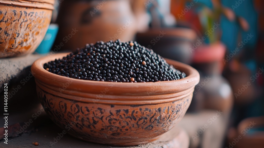 Poster black gram lentils in traditional clay bowl against rustic background showcasing ancient pottery and