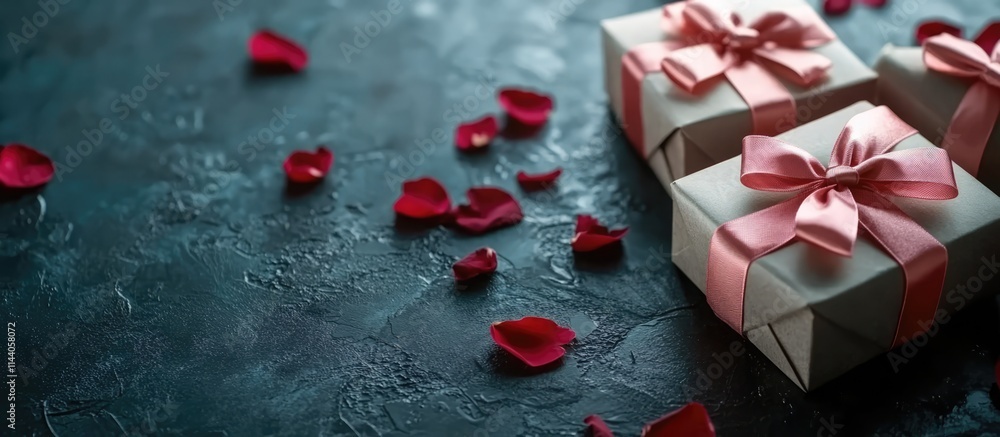 Poster elegant gift boxes with pink bows on a dark textured background scattered with rose petals and ample