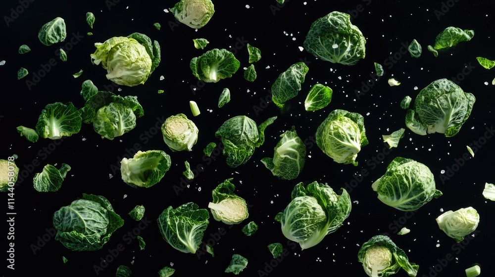 Poster fresh brussels sprouts scattered against a black background showcasing vibrant green colors and text
