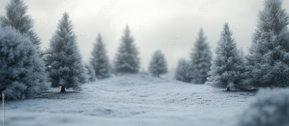 Aufkleber snowy winter landscape with frosted trees under a cloudy sky creating a serene and tranquil atmosphe