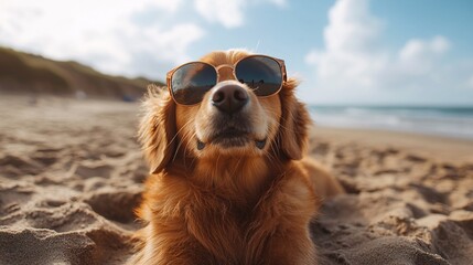 Adorable dog in sunglasses lounging on a sunny beach, perfect for summer vacation, relaxation, and beach getaway concepts.