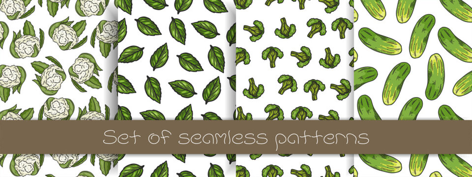 Set of seamless patterns with different vegetables. Broccoli, spinash, cucumber  cabbage and others. Flat vector illustration	