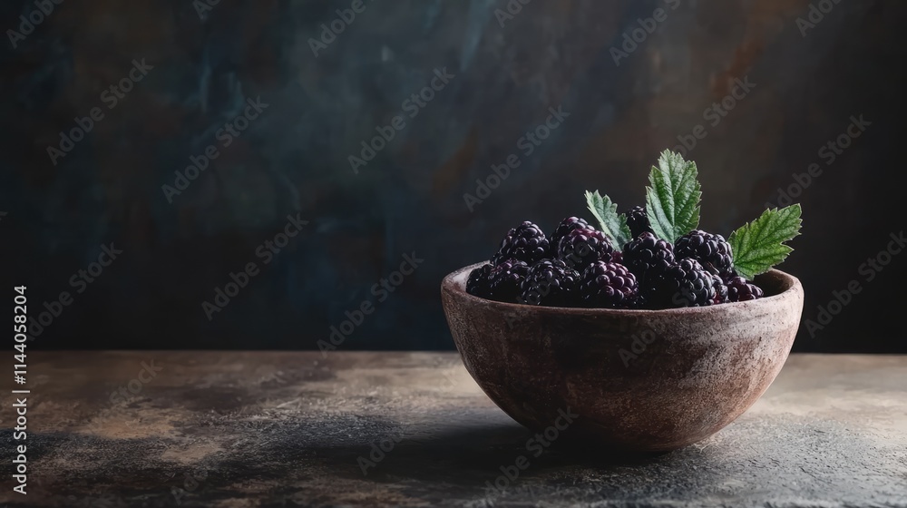 Poster fresh blackberries in a rustic clay bowl on a dark textured table with mint leaves creating a moody 