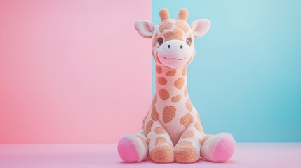Cute plush giraffe toy sitting on pink and blue background.