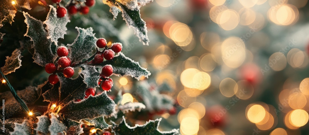 Poster holly tree adorned with red berries and frost illuminated by soft bokeh lights creating a festive ho