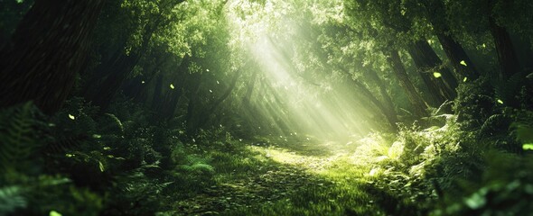 Sunbeams filter through lush green canopy in a serene forest clearing.