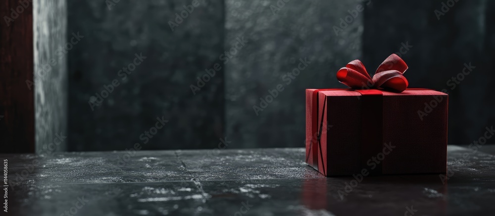 Poster elegant red gift box with ribbon on dark textured background creating a festive and inviting atmosph