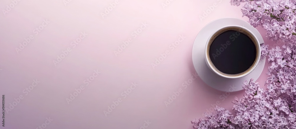 Poster Morning coffee in a lilac setting with pastel background and ample copy space for text or branding use
