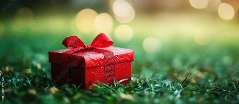 Poster red gift box with bow resting on green grass illuminated by soft bokeh lights creating a festive and