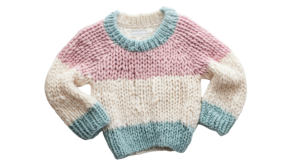 Cozy knitted sweater in pastel shades of pink, white, and mint green displayed on a transparent background for seasonal fashion insights.