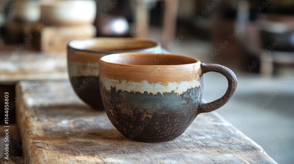 Poster handcrafted clay cups displaying rustic design and unique textures on a wooden surface in artisan po