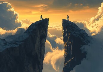 A person is helping another reach the top of a mountain, holding hands and offering support as they climb together. The scene is set against an epic backdrop with mountains in the distance under